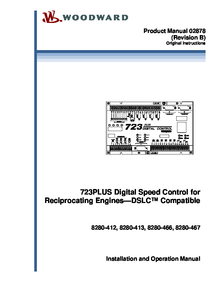 First Page Image of 8280-413 Woodward 723PLUS Digital Speed Control for Reciprocating Engines-DSLC Compatible 02878.pdf